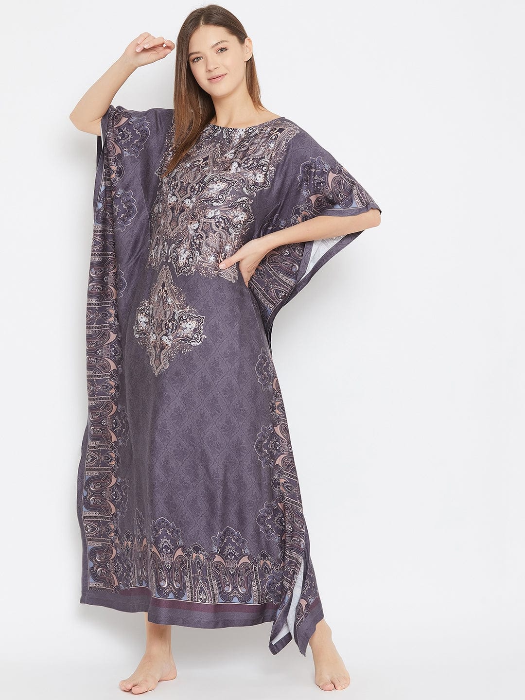 The Kaftan Company Kaftan Regal Motif Printed Grey Maxi Kaftan
