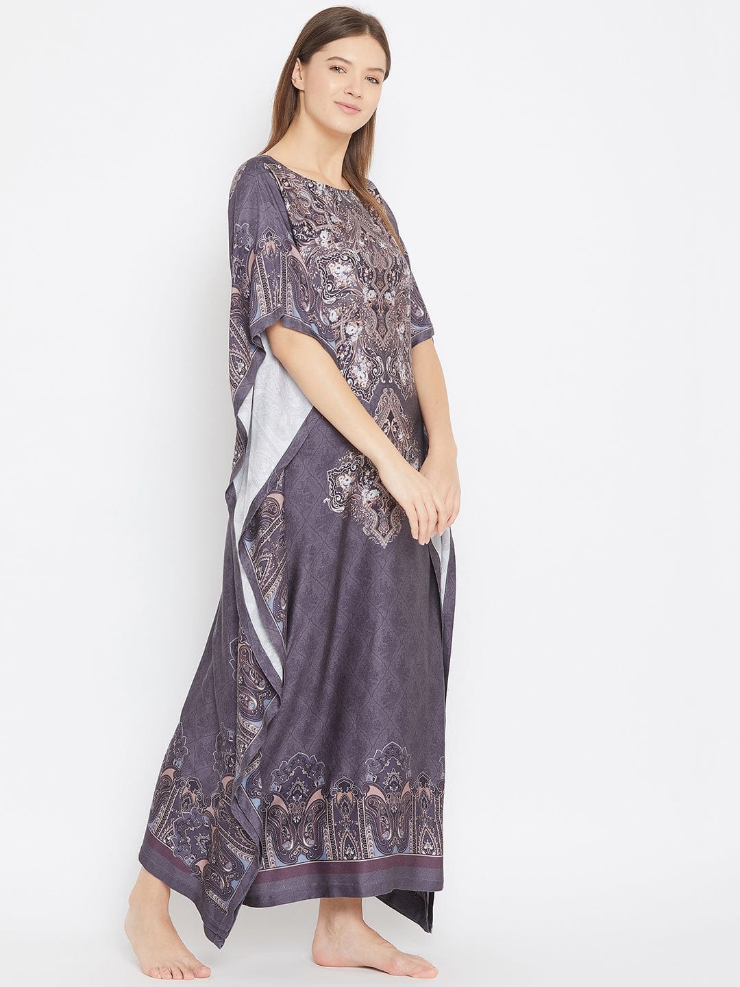 The Kaftan Company Kaftan Regal Motif Printed Grey Maxi Kaftan