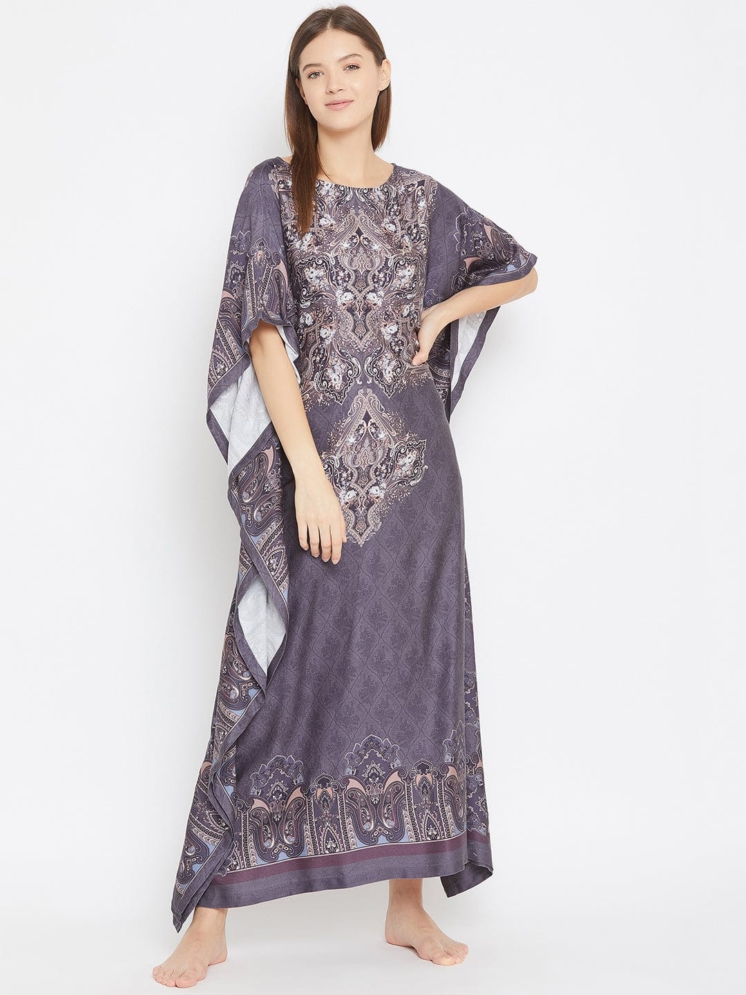 The Kaftan Company Kaftan Regal Motif Printed Grey Maxi Kaftan