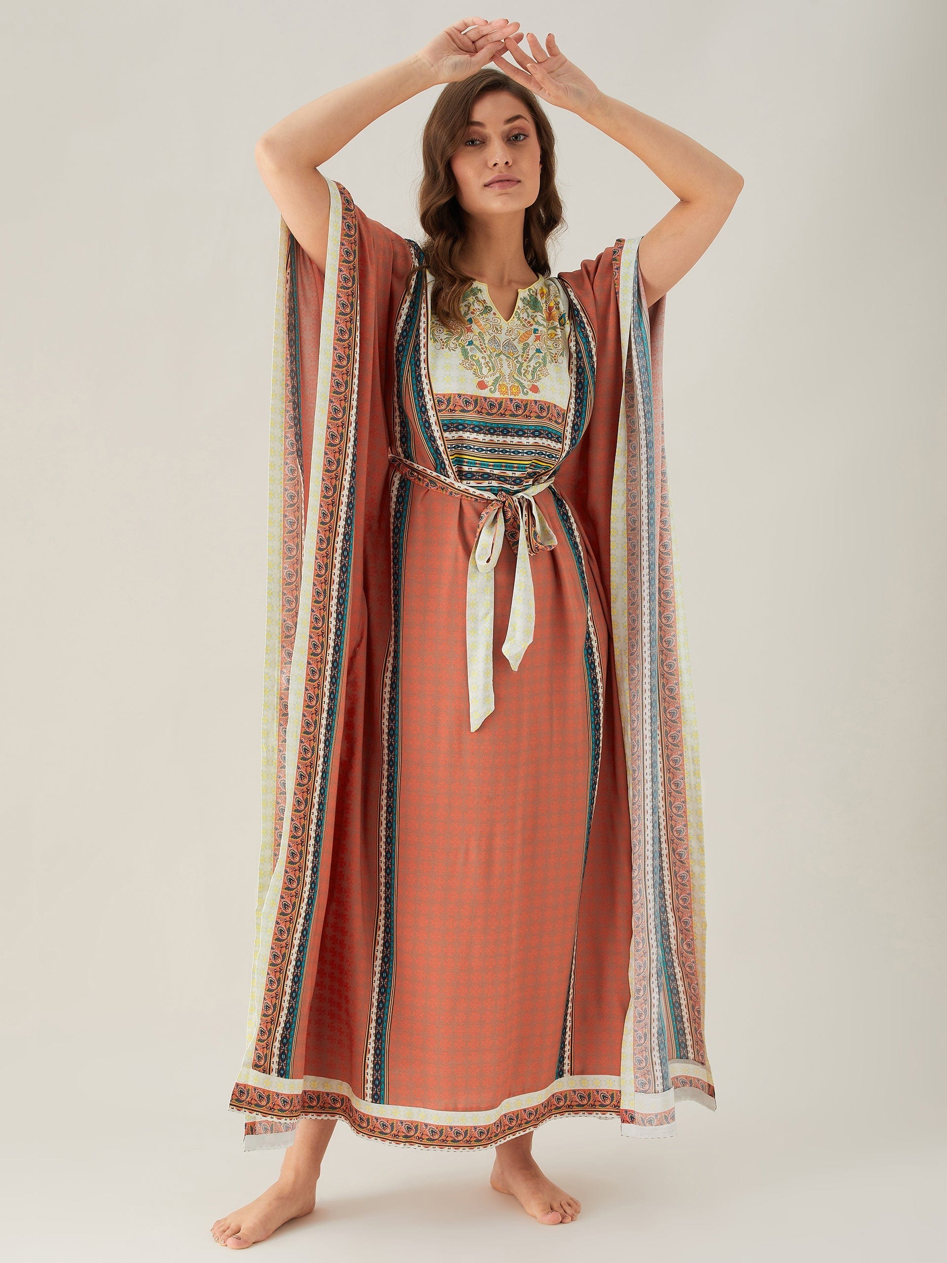 The Kaftan Company Kaftan Rust Red Floral Yoke Loungewear Kaftan