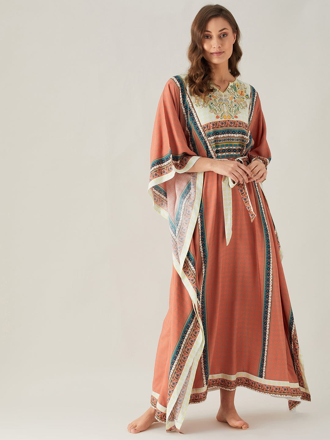 The Kaftan Company Kaftan Rust Red Floral Yoke Loungewear Kaftan