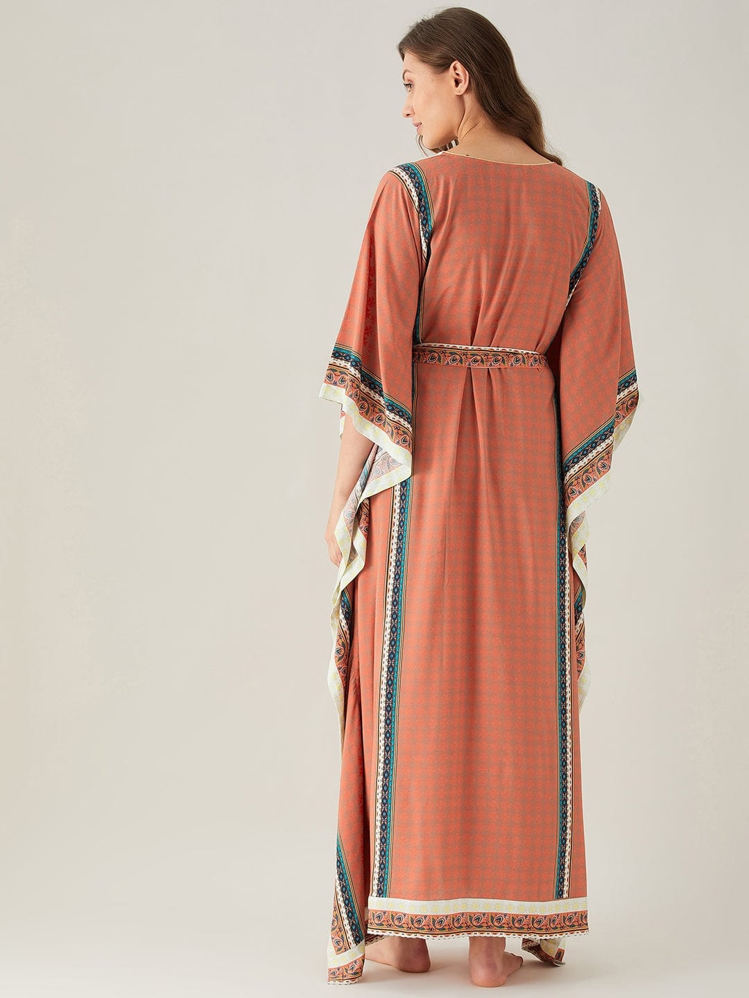 The Kaftan Company Kaftan Rust Red Floral Yoke Loungewear Kaftan