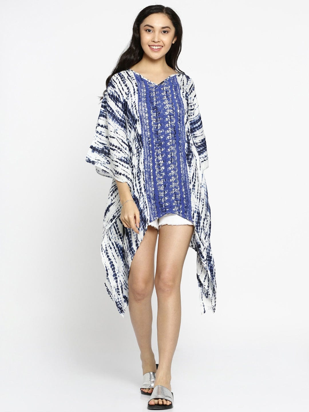 The Kaftan Company Kaftan White & Blue Printed Cover-Up Top - (Clearance - Final Sale)