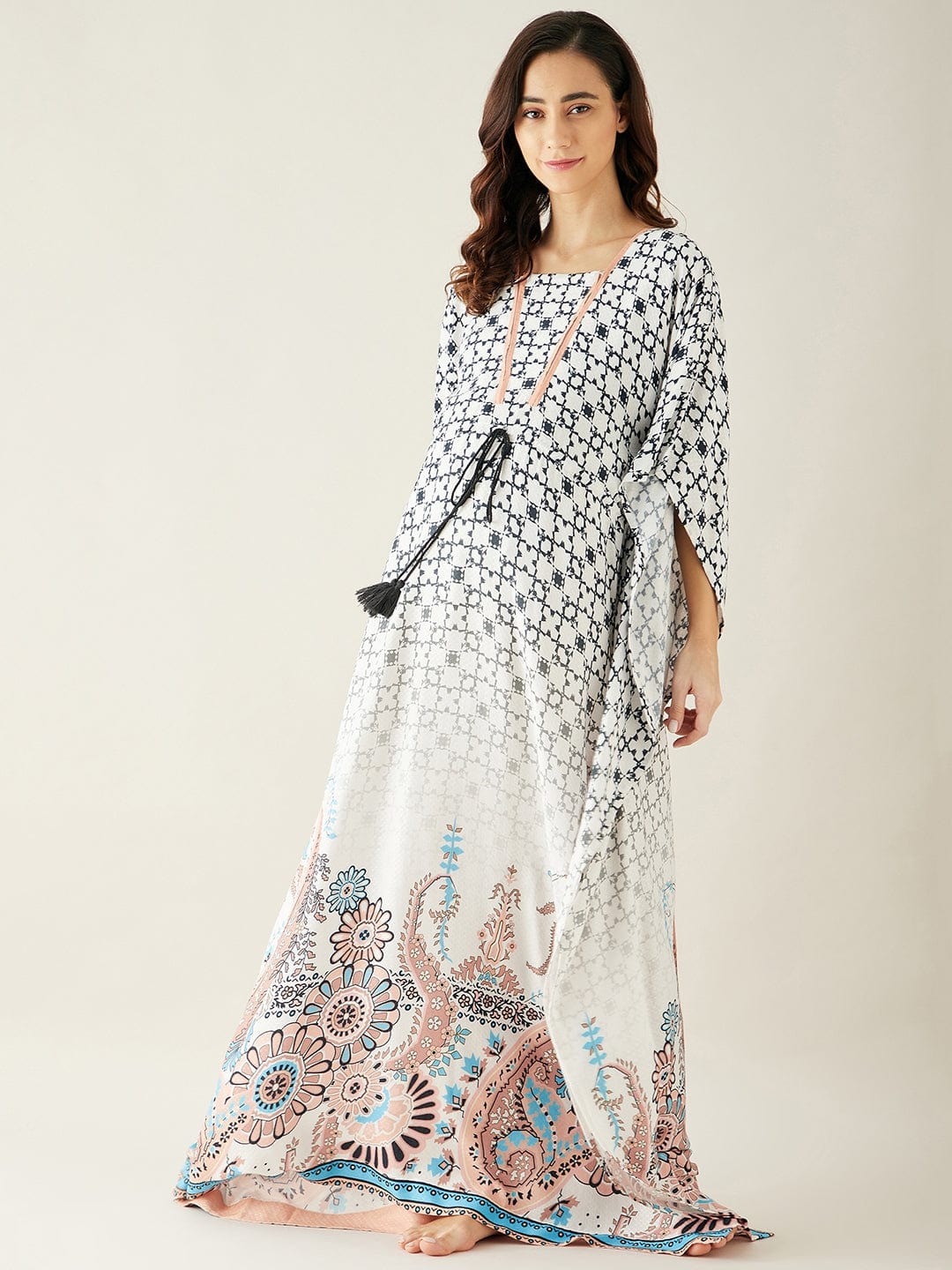 The Kaftan Company Kaftan White Digital Printed Night Wear Maternity Kaftan