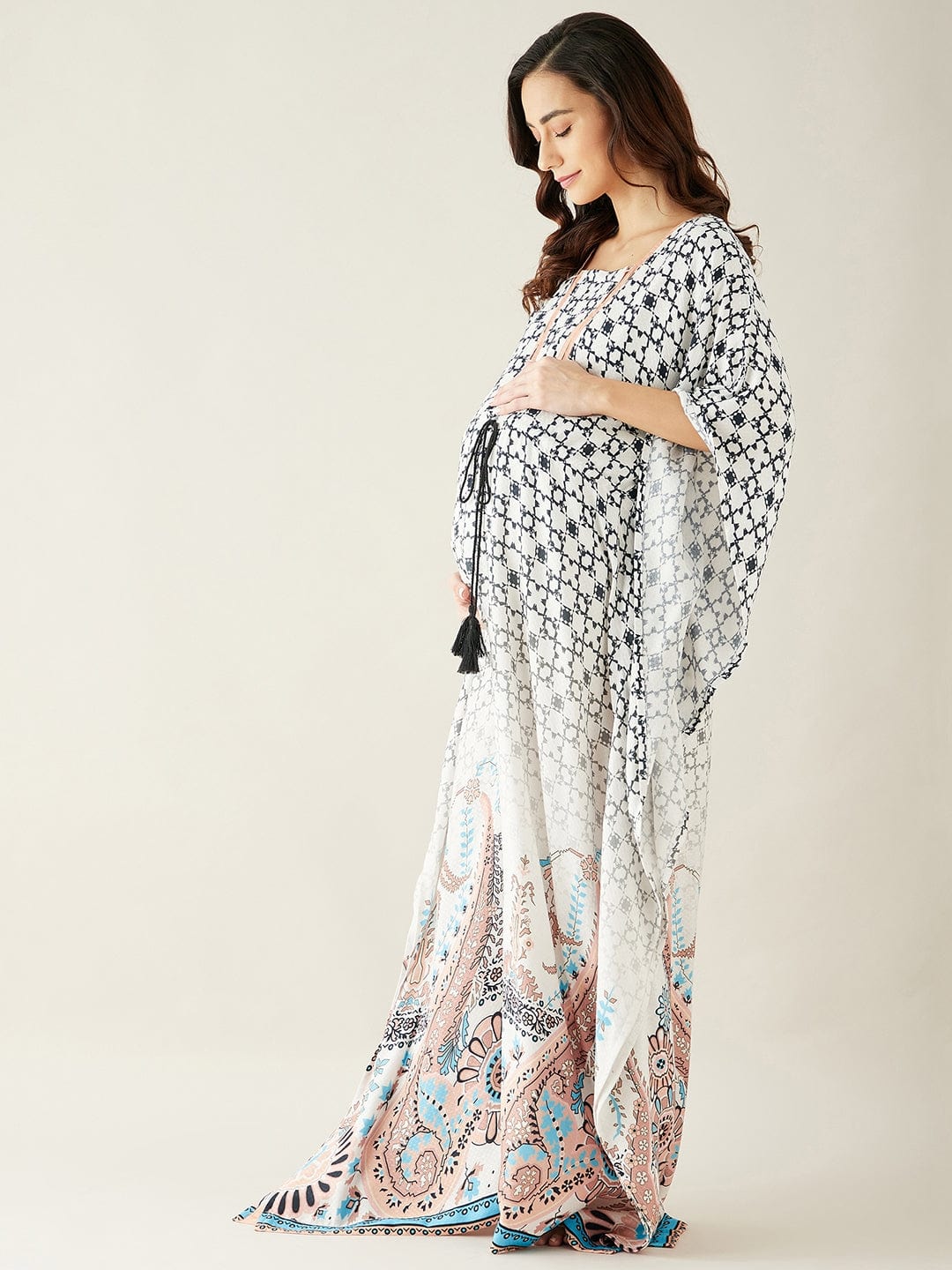 The Kaftan Company Kaftan White Digital Printed Night Wear Maternity Kaftan
