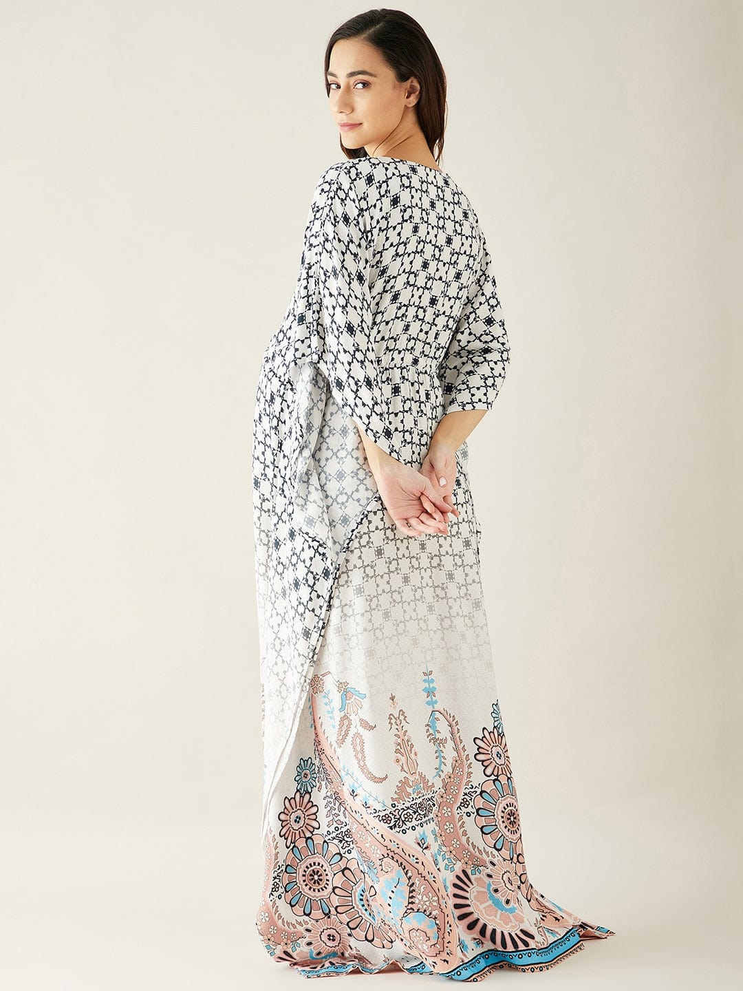 The Kaftan Company Kaftan White Digital Printed Night Wear Maternity Kaftan