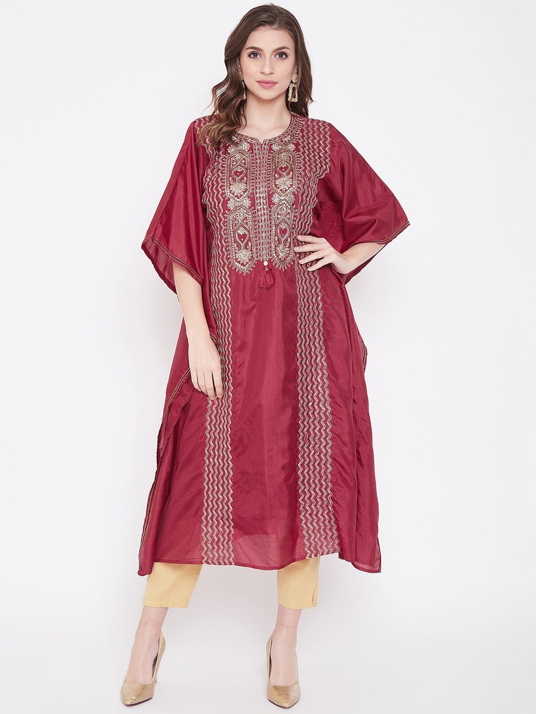 The Kaftan Company Kurta Golden Maroon Zari Embroidery Silk Kaftan