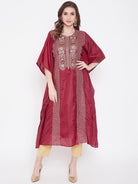 The Kaftan Company Kurta Golden Maroon Zari Embroidery Silk Kaftan