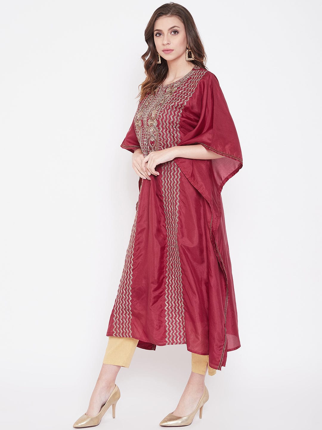 The Kaftan Company Kurta Golden Maroon Zari Embroidery Silk Kaftan