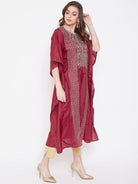 The Kaftan Company Kurta Golden Maroon Zari Embroidery Silk Kaftan