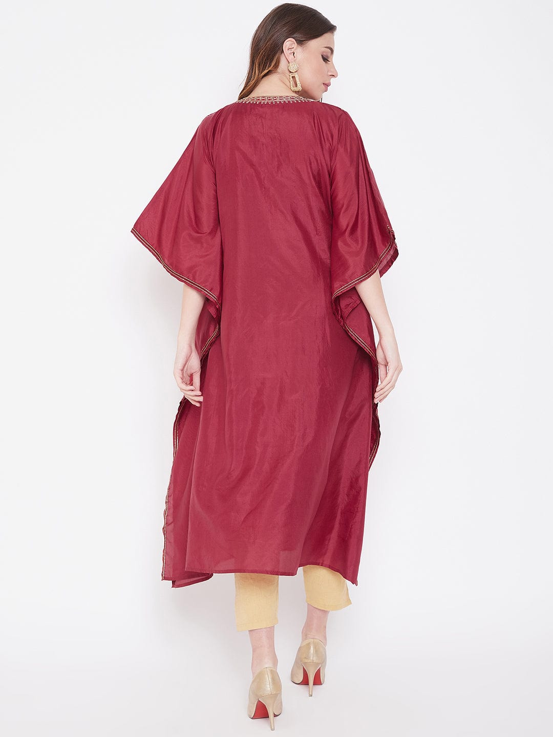The Kaftan Company Kurta Golden Maroon Zari Embroidery Silk Kaftan