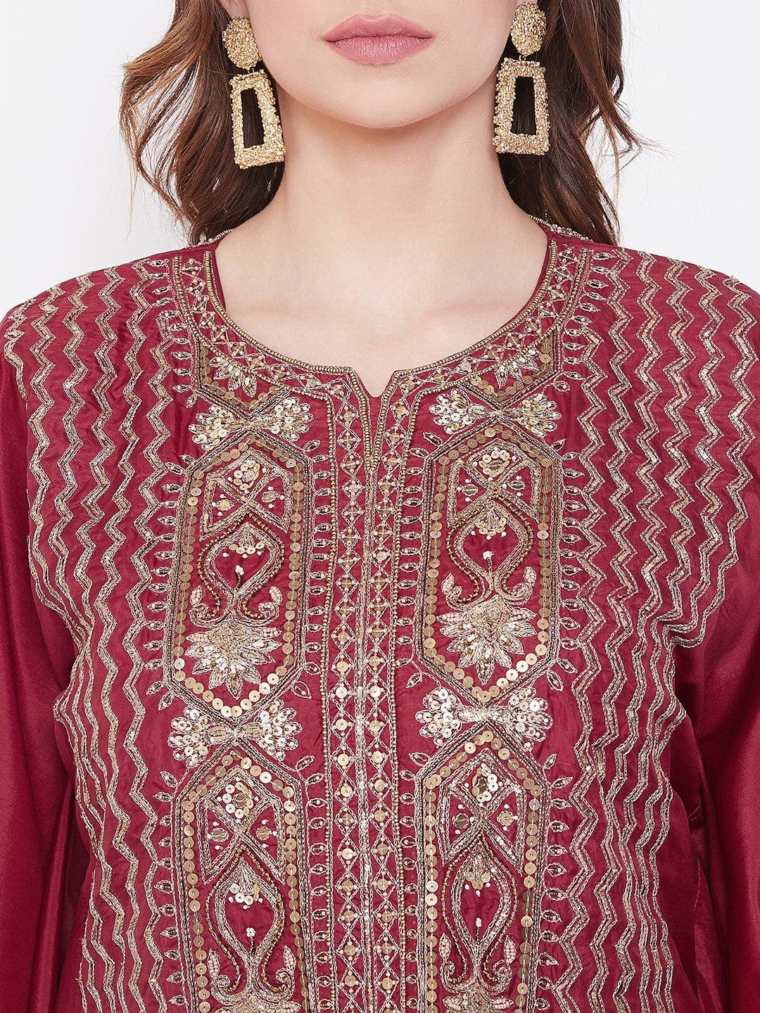 The Kaftan Company Kurta Golden Maroon Zari Embroidery Silk Kaftan