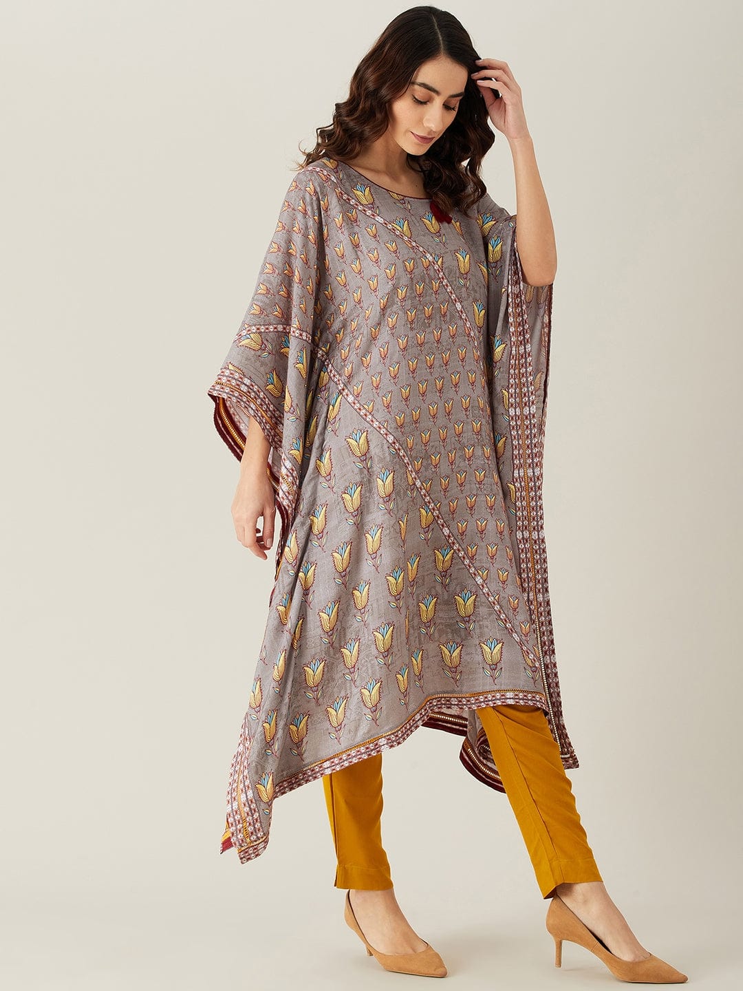 The Kaftan Company Kurta Grey Floral Buta and Lace Modal Kaftan Kurta