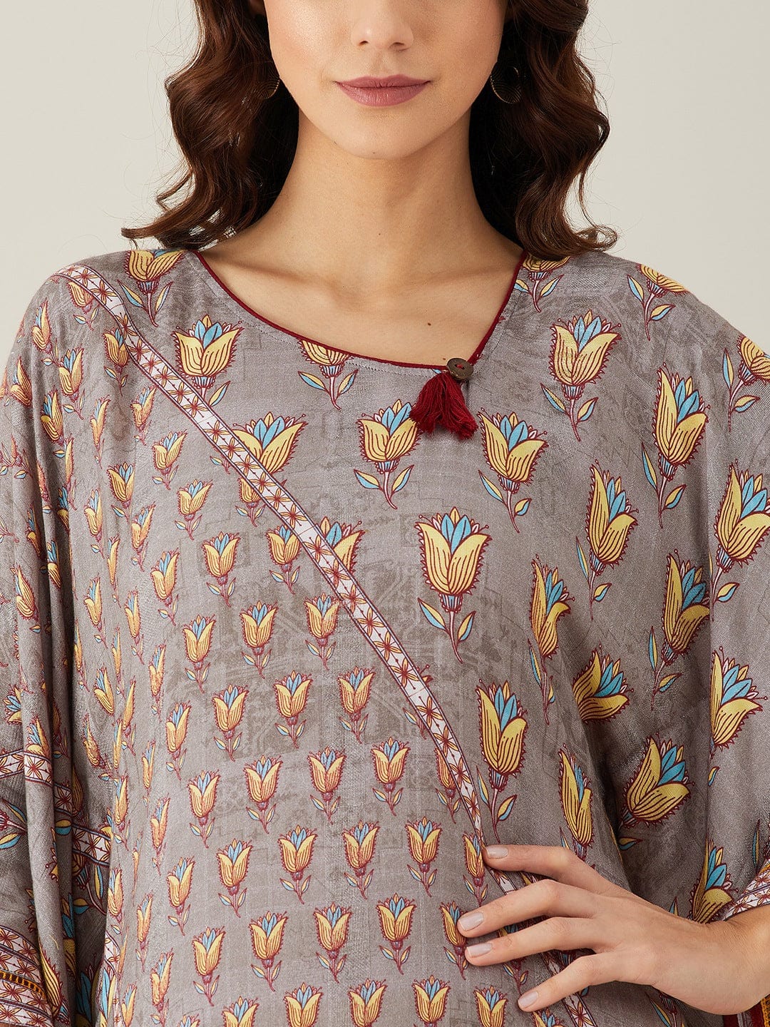 The Kaftan Company Kurta Grey Floral Buta and Lace Modal Kaftan Kurta