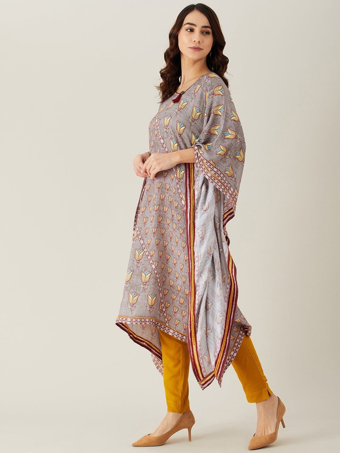 The Kaftan Company Kurta Grey Floral Buta and Lace Modal Kaftan Kurta