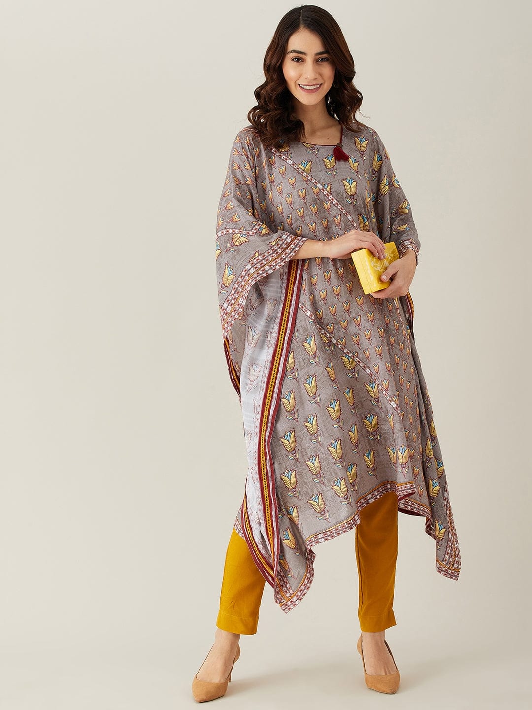 The Kaftan Company Kurta Grey Floral Buta and Lace Modal Kaftan Kurta