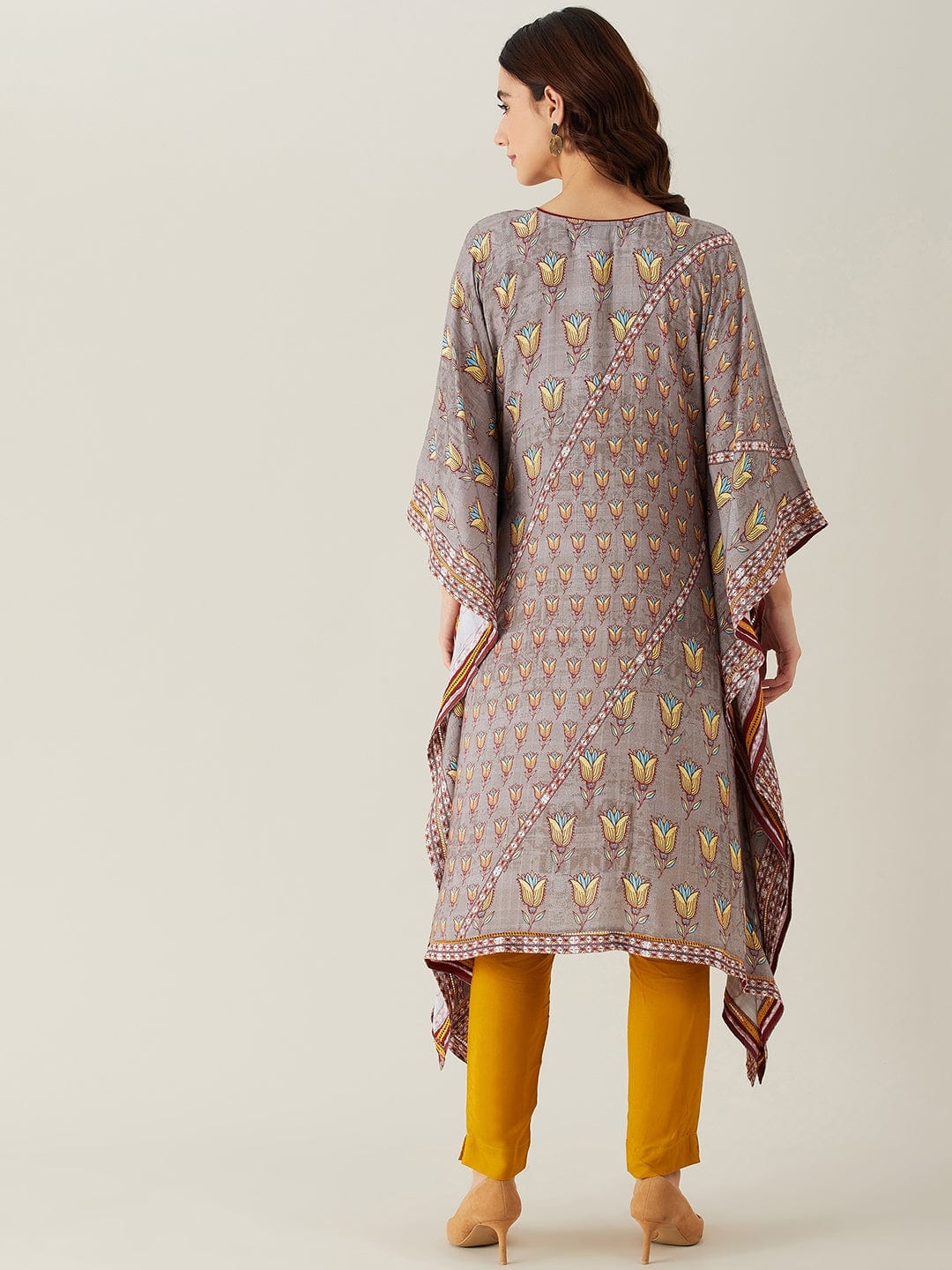 The Kaftan Company Kurta Grey Floral Buta and Lace Modal Kaftan Kurta