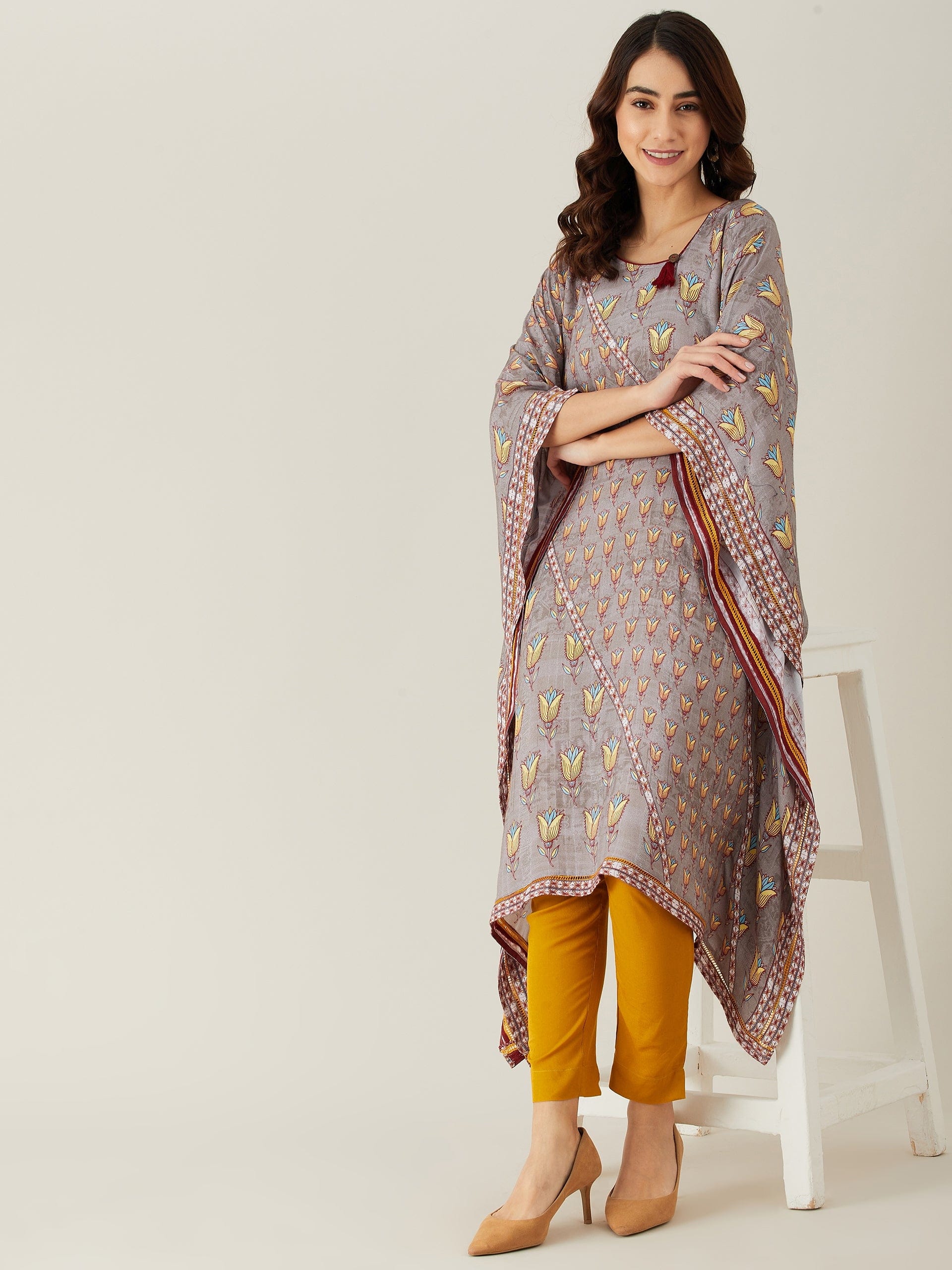 The Kaftan Company Kurta Grey Floral Buta and Lace Modal Kaftan Kurta