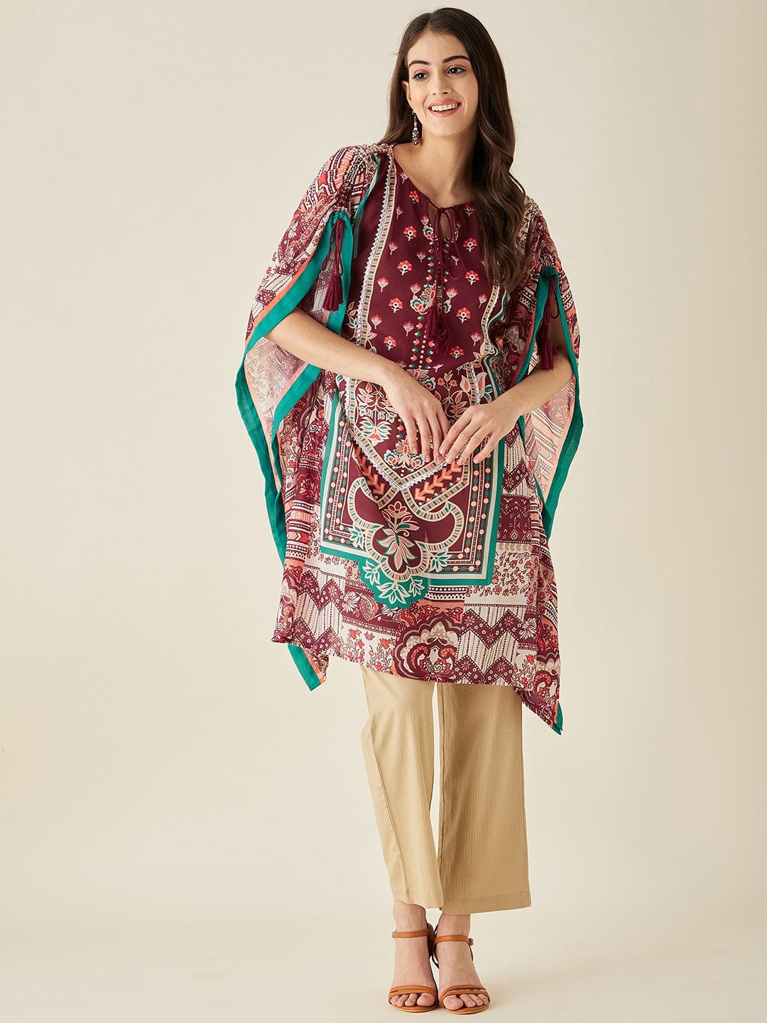 The Kaftan Company Kurta Maroon Floral Printed Kaftan Kurta