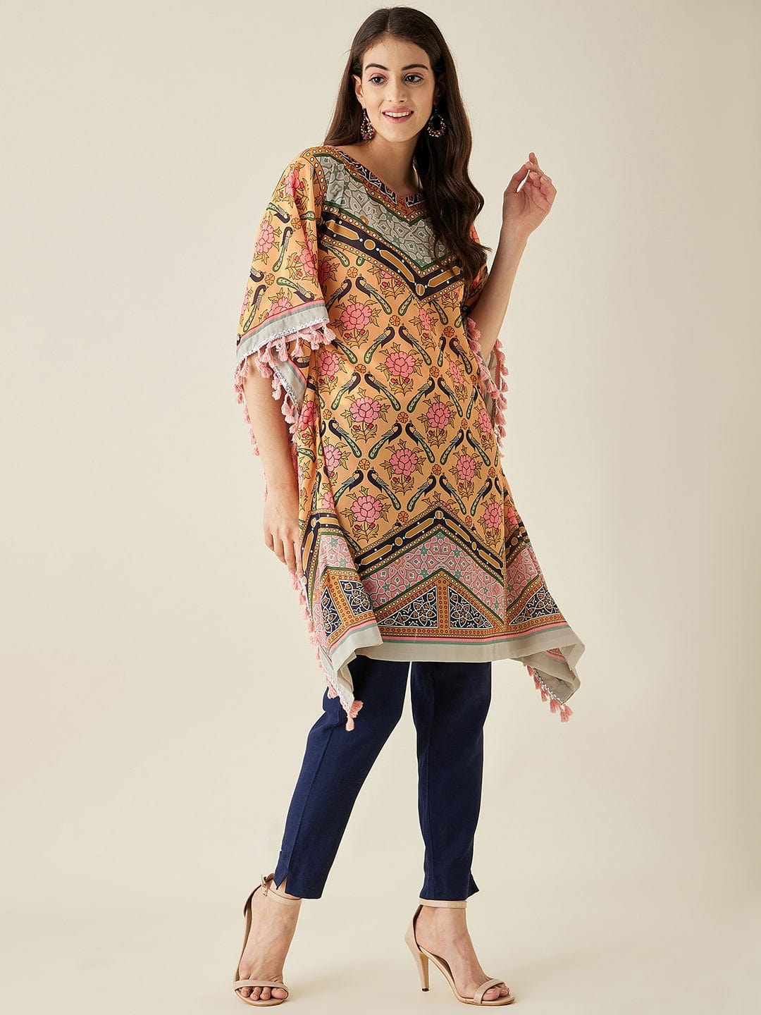 The Kaftan Company Kurta Mustard Floral Printed Kaftan Kurta