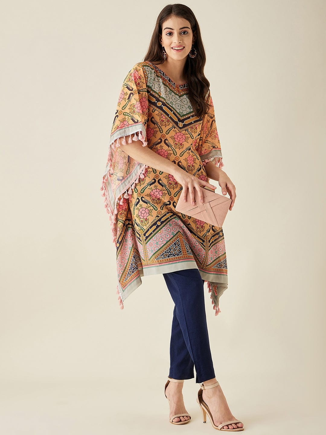 The Kaftan Company Kurta Mustard Floral Printed Kaftan Kurta