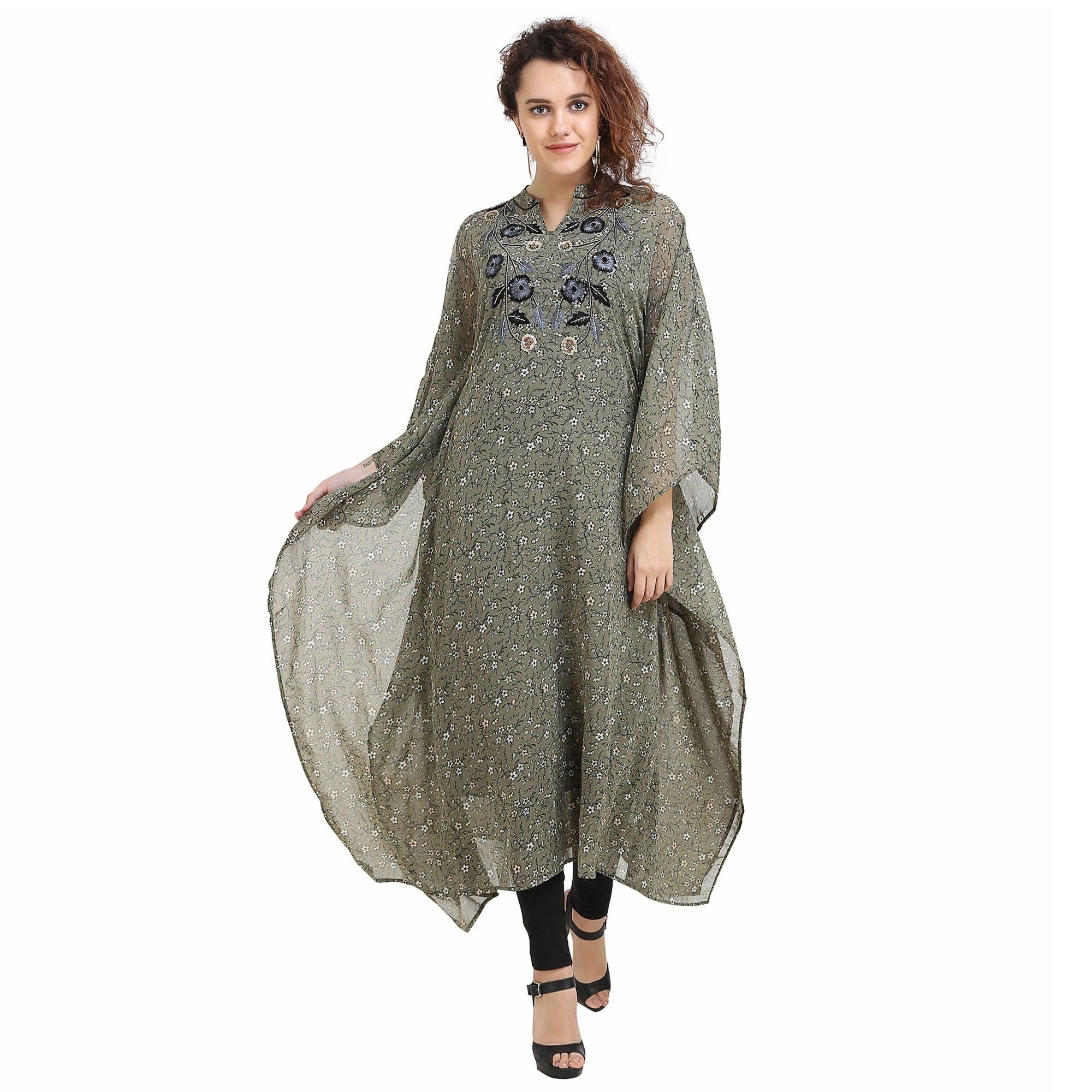 The Kaftan Company Kurta Olive Embroidered Floral Kaftan - (Clearance - Final Sale)