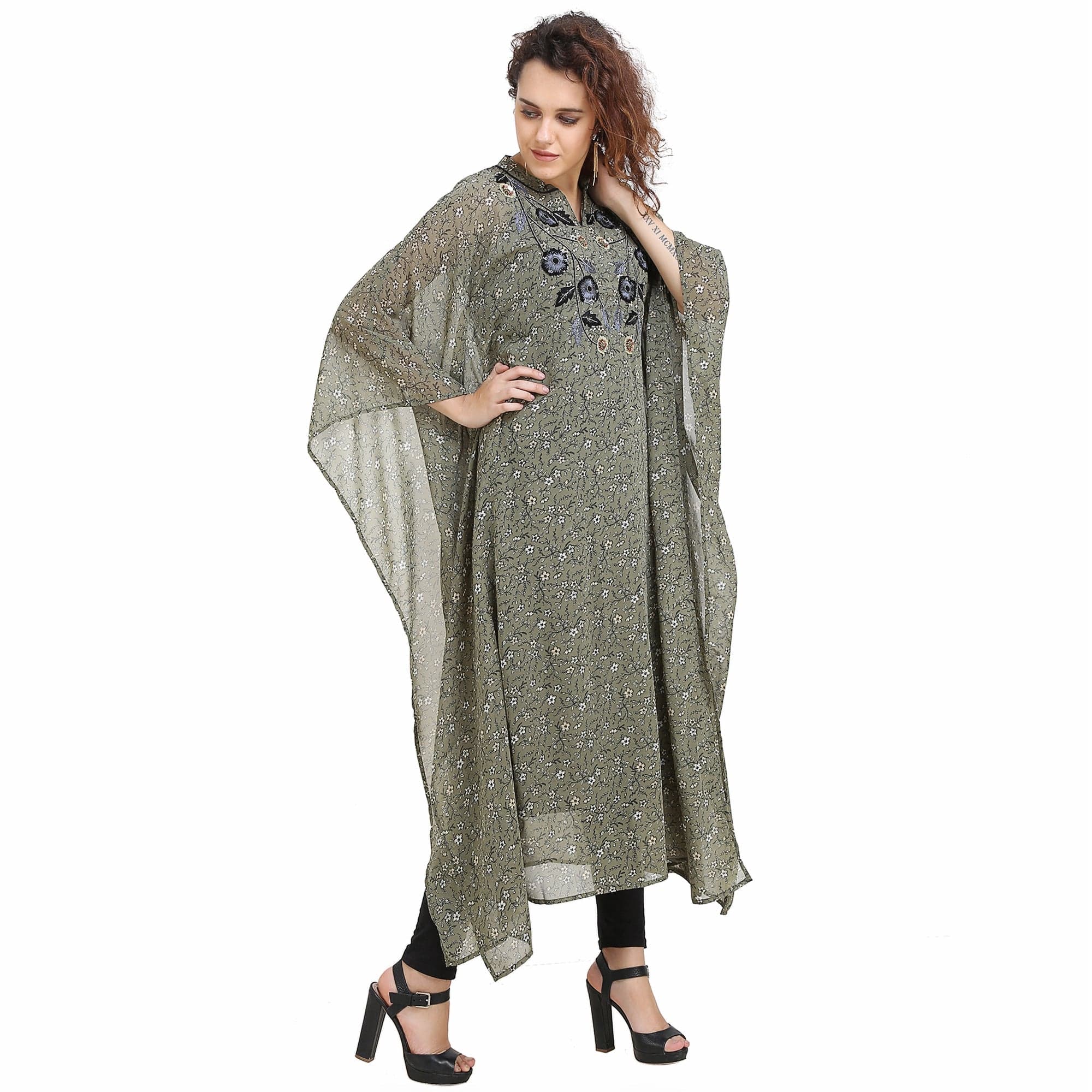 The Kaftan Company Kurta Olive Embroidered Floral Kaftan - (Clearance - Final Sale)