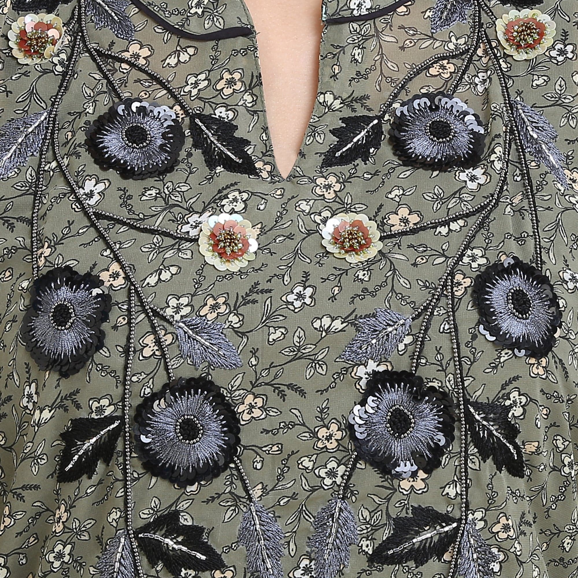The Kaftan Company Kurta Olive Embroidered Floral Kaftan - (Clearance - Final Sale)