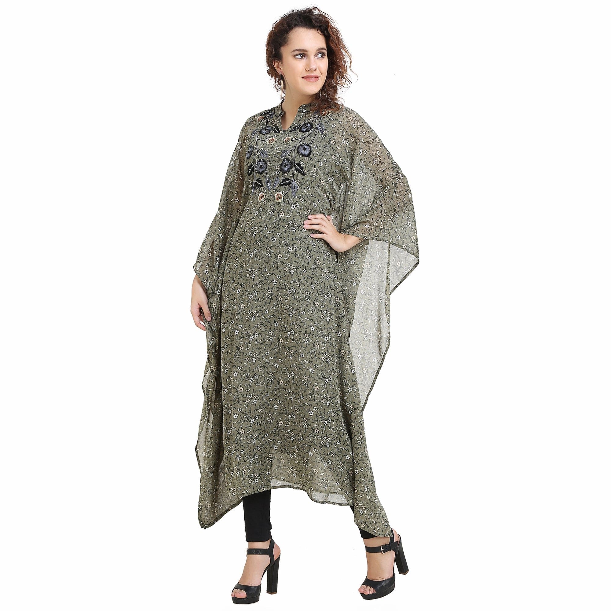 The Kaftan Company Kurta Olive Embroidered Floral Kaftan - (Clearance - Final Sale)