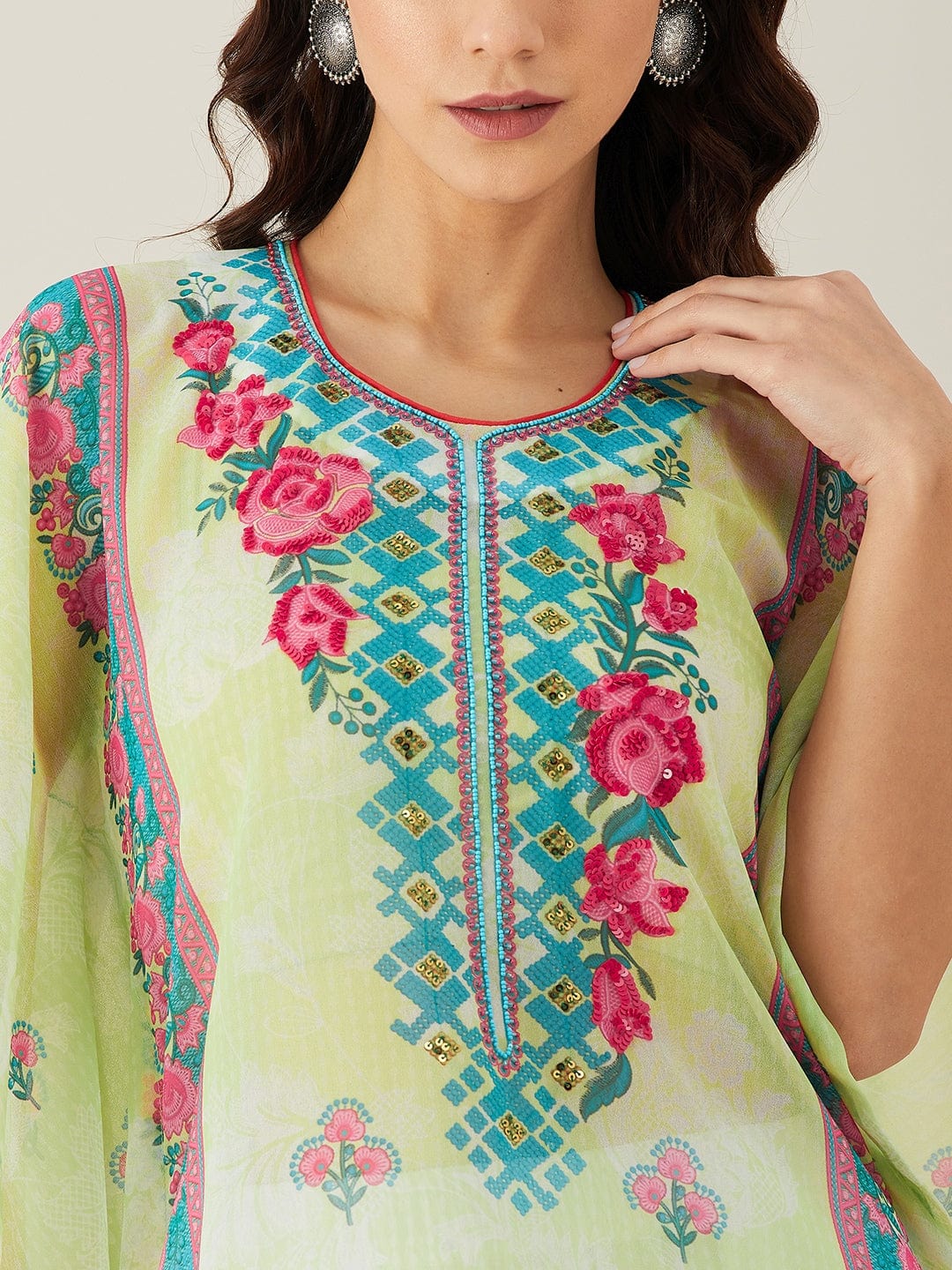 The Kaftan Company Kurta Pastel Green Flora Hand Embroidered Kaftan Kurta