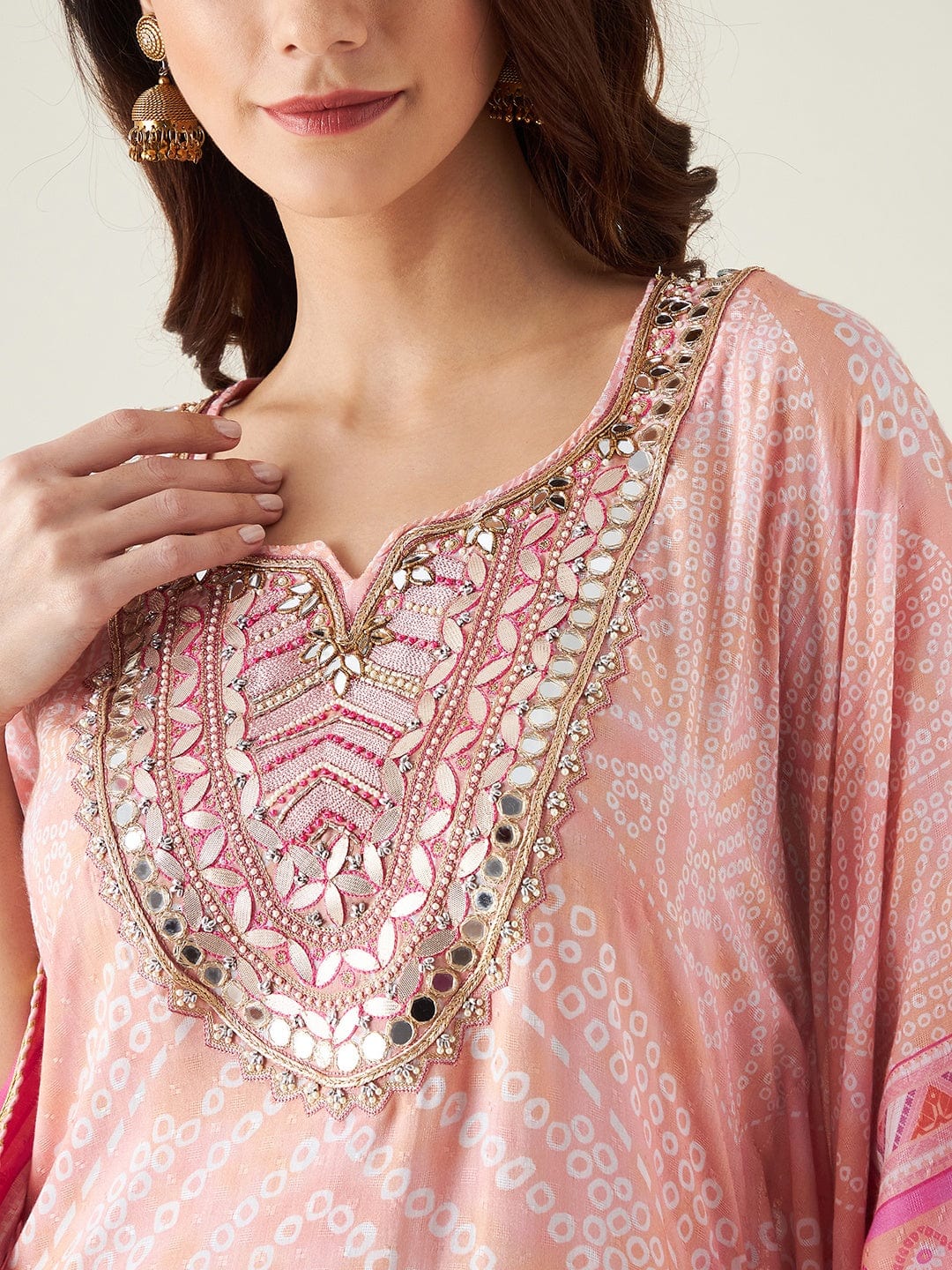 The Kaftan Company Kurta Pastel Pink Bandhani Embroidered Yoke Kaftan  (Final Sale)
