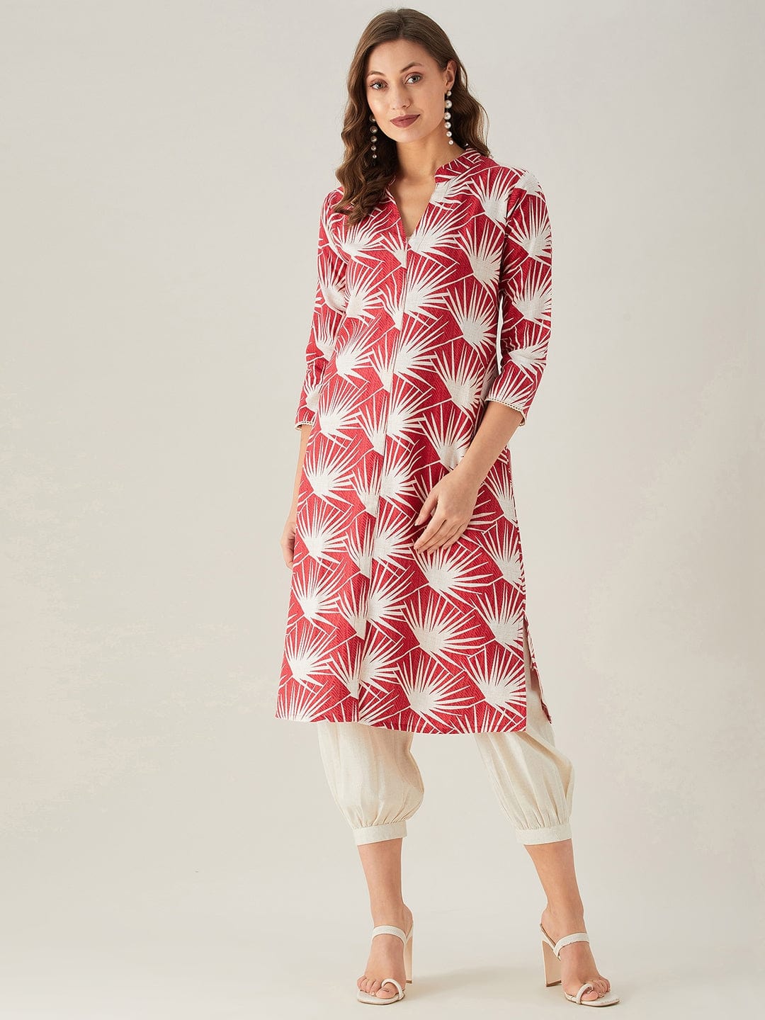 The Kaftan Company Kurta Sets Red Palm Print Linen Kurta Set (Final Sale)