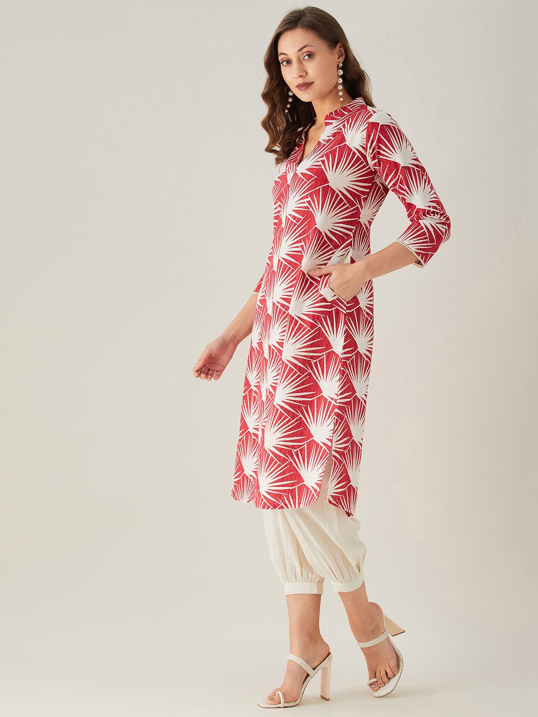 The Kaftan Company Kurta Sets Red Palm Print Linen Kurta Set (Final Sale)