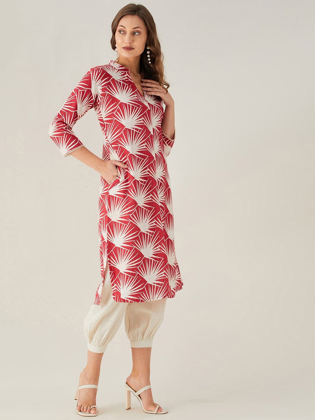 The Kaftan Company Kurta Sets Red Palm Print Linen Kurta Set (Final Sale)