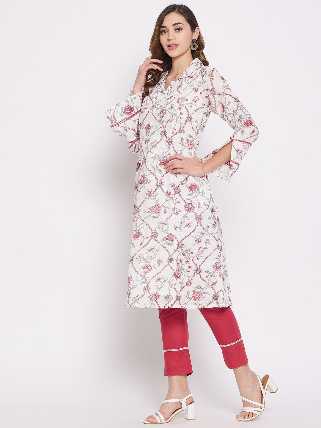 The Kaftan Company Kurta Sets White Floral Vine Linen Kurta Set