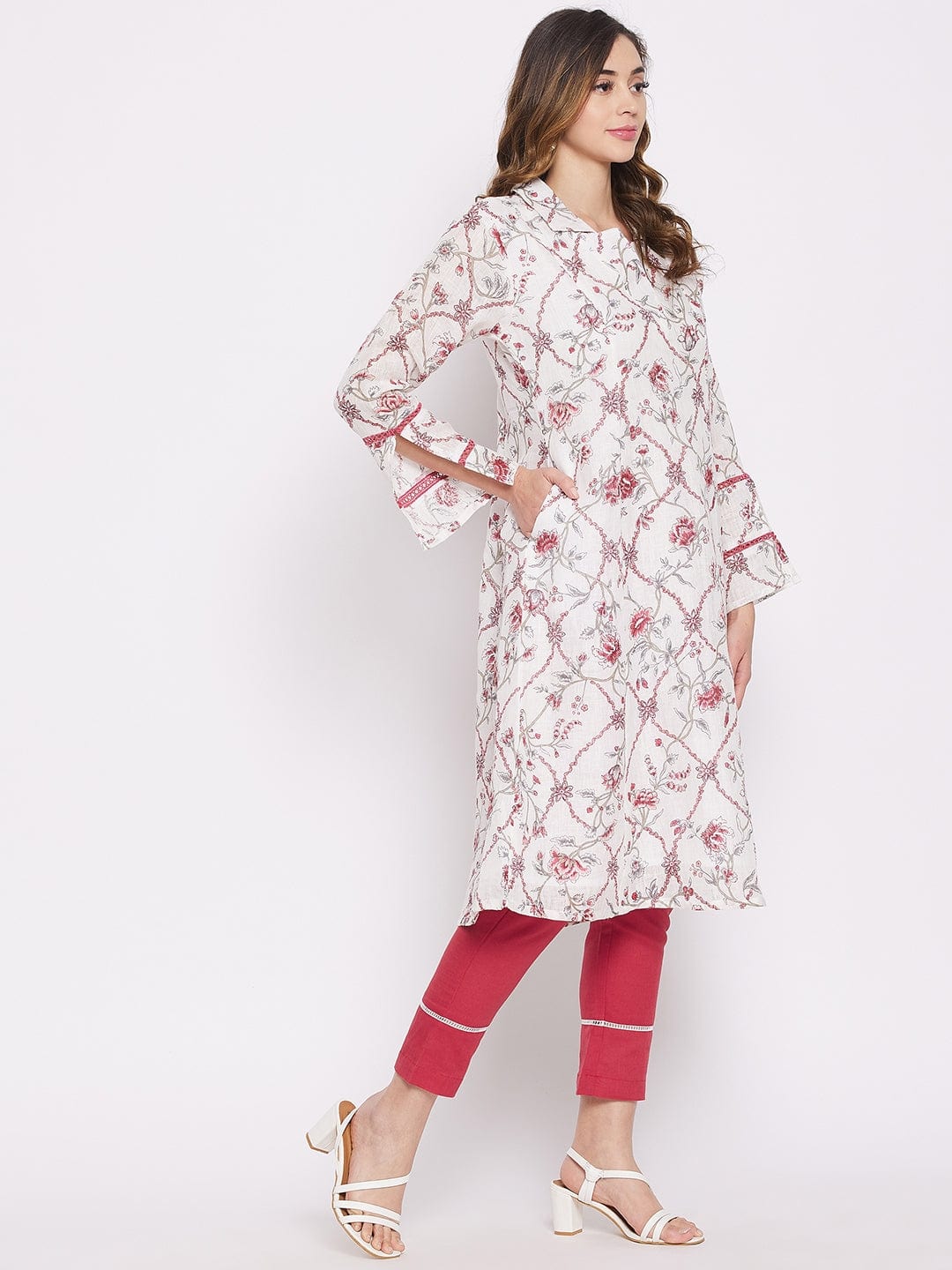 The Kaftan Company Kurta Sets White Floral Vine Linen Kurta Set