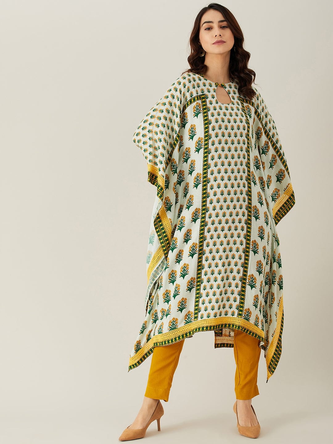 The Kaftan Company Kurta White and Green Buta and Lace Modal Kaftan Kurta (Final Sale)
