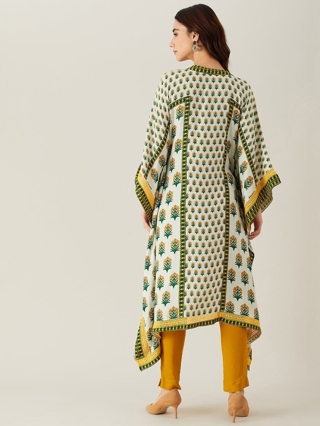 The Kaftan Company Kurta White and Green Buta and Lace Modal Kaftan Kurta (Final Sale)