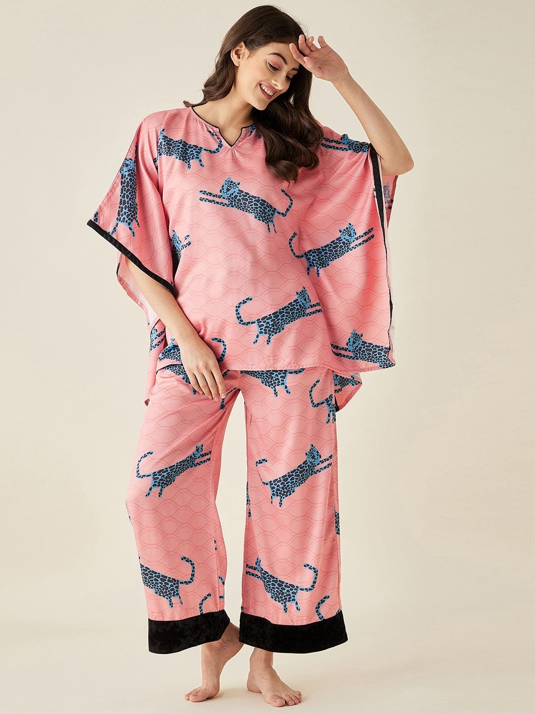 The Kaftan Company Lounge Set Blue Leopard Satin Kaftan Pyjama Set