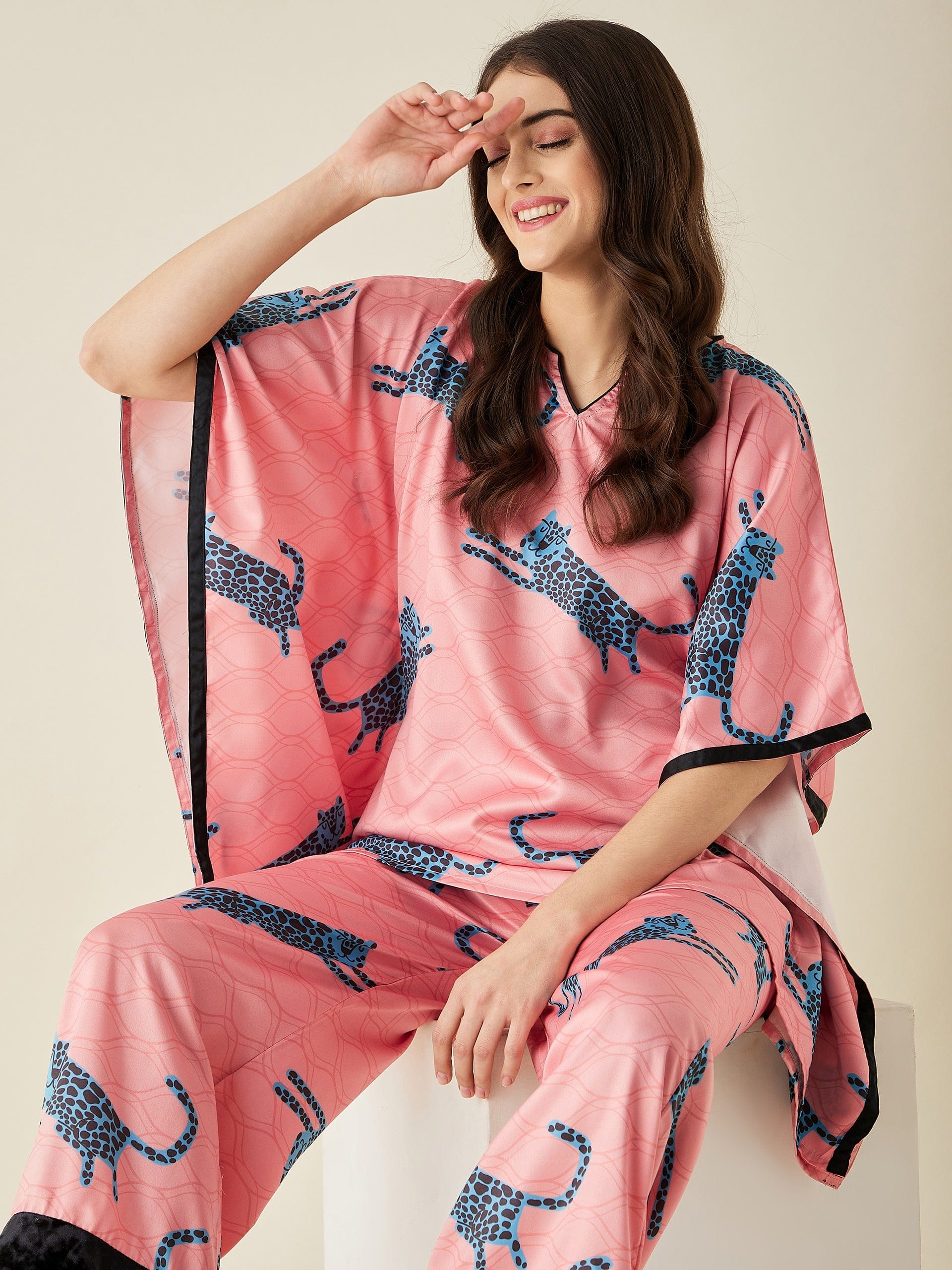 The Kaftan Company Lounge Set Blue Leopard Satin Kaftan Pyjama Set
