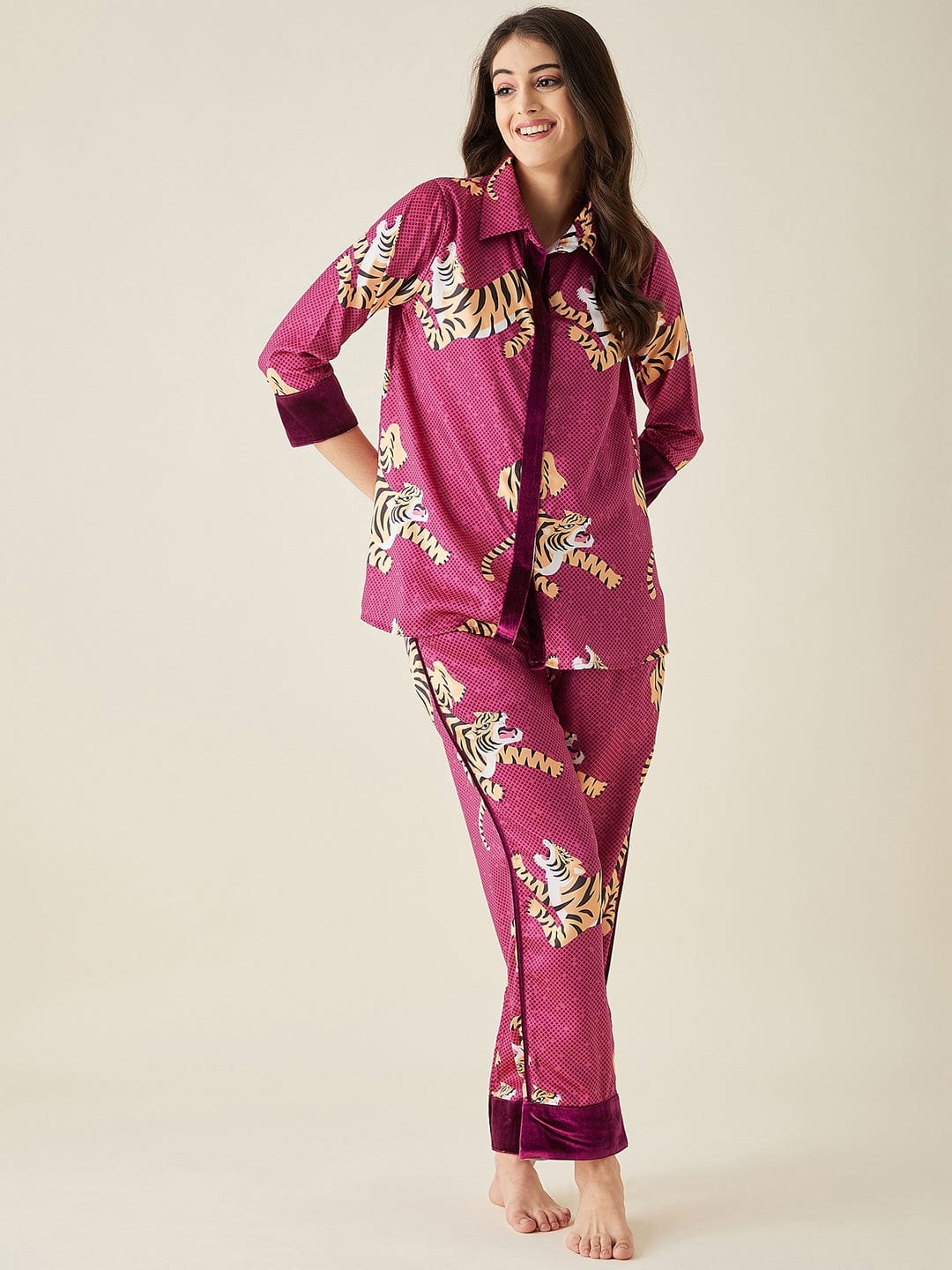 The Kaftan Company Lounge Set Tiger Wine Satin Pyjama Set (Final Sale)