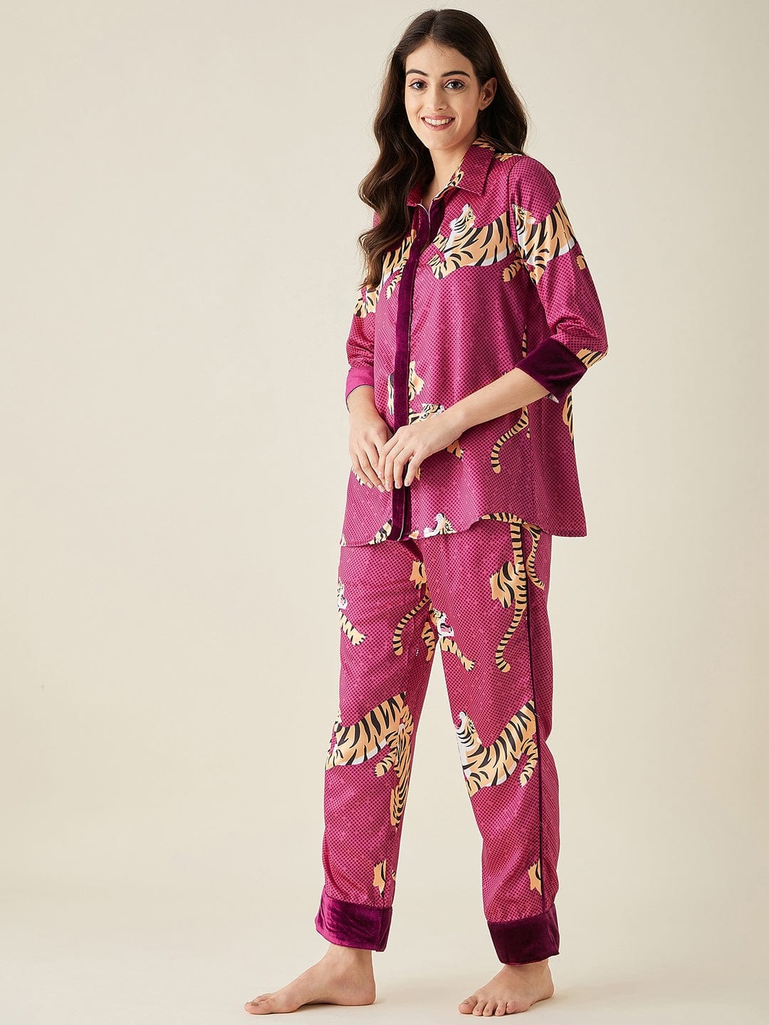 The Kaftan Company Lounge Set Tiger Wine Satin Pyjama Set (Final Sale)