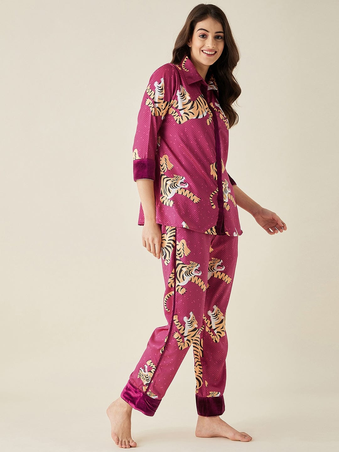 The Kaftan Company Lounge Set Tiger Wine Satin Pyjama Set (Final Sale)