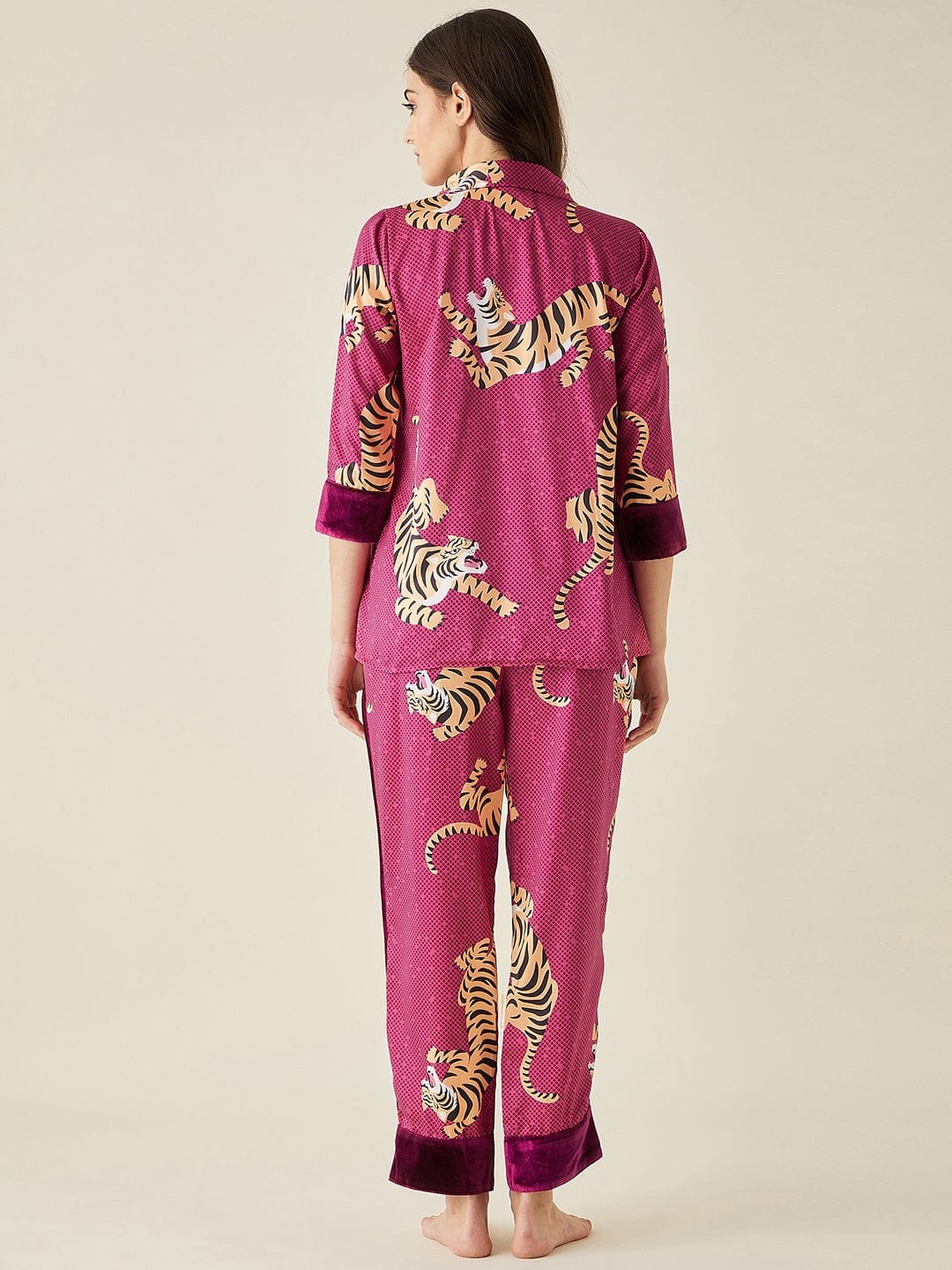 The Kaftan Company Lounge Set Tiger Wine Satin Pyjama Set (Final Sale)