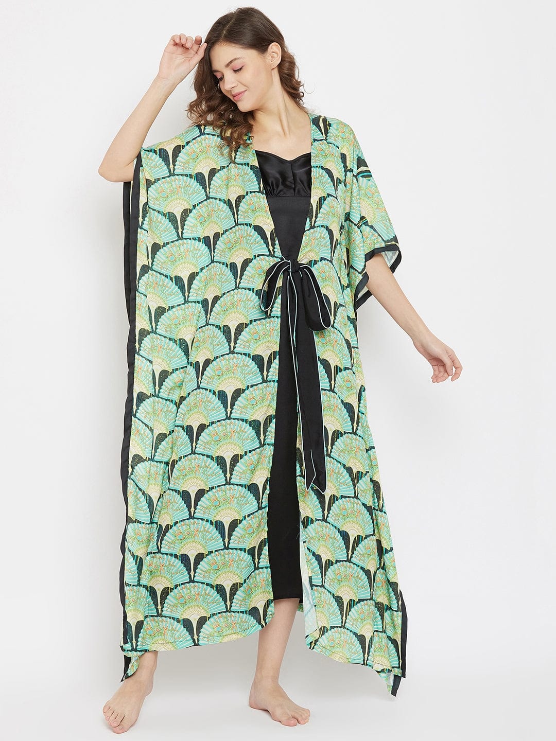 The Kaftan Company Loungewear Imperial Blooms Green Satin Kaftan Gownset with Slip - (Clearance - Final Sale)