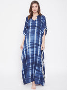 The Kaftan Company Loungewear Indigo Stripes Tie-Dye Kaftan with Pompoms