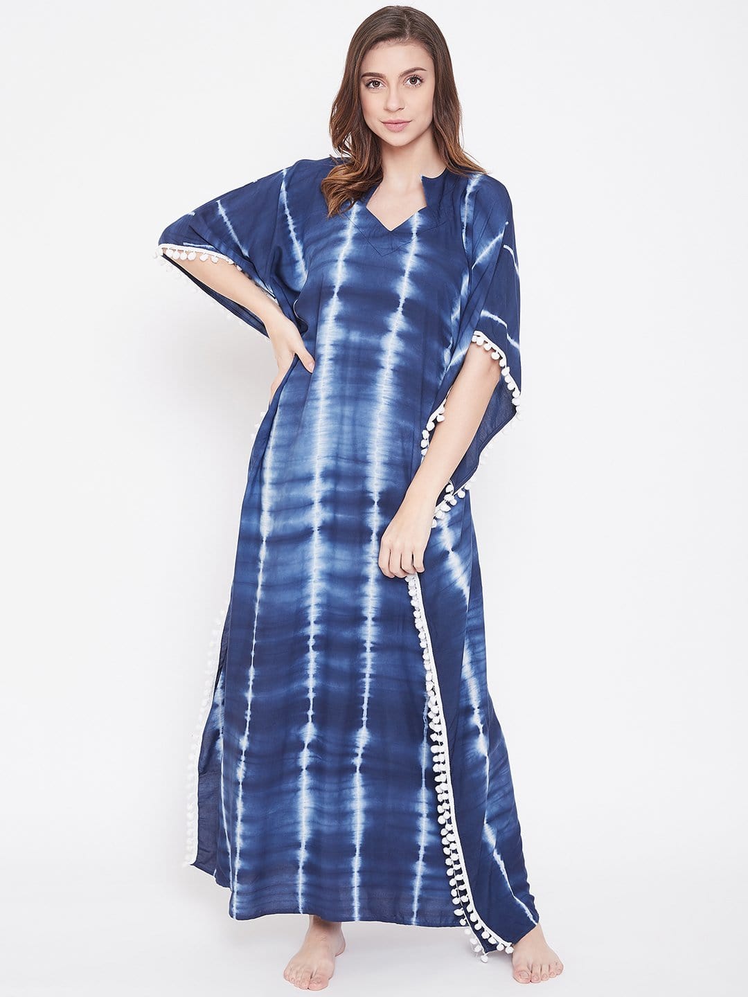 The Kaftan Company Loungewear Indigo Stripes Tie-Dye Kaftan with Pompoms
