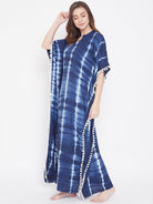 The Kaftan Company Loungewear Indigo Stripes Tie-Dye Kaftan with Pompoms