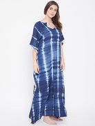 The Kaftan Company Loungewear Indigo Stripes Tie-Dye Kaftan with Pompoms