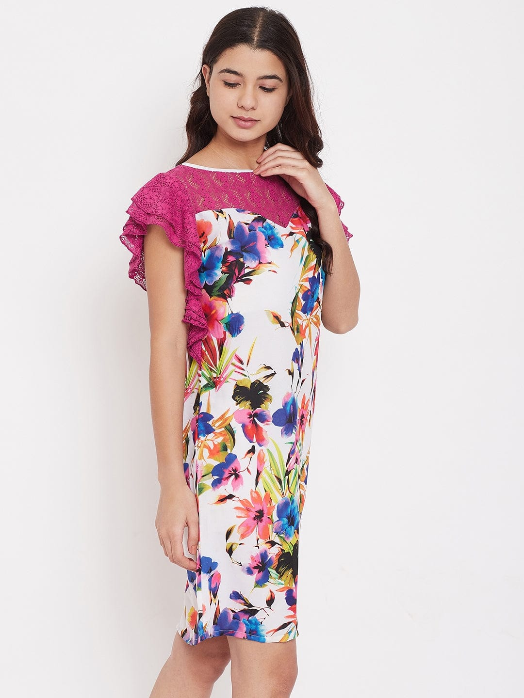 The Kaftan Company Loungewear Pink Floral Sleepdress with Lace Yoke - (Clearance - Final Sale)